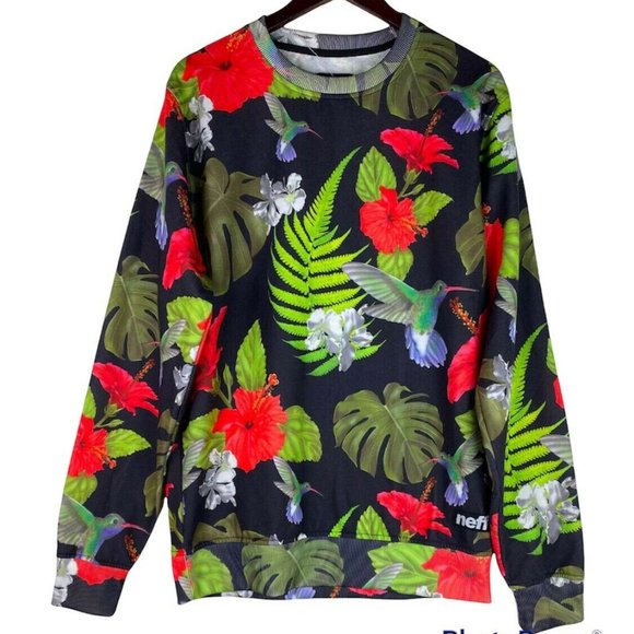 NEFF Mens Medium Sweatshirt Pullover Tropical Garden Hummingbird Black Red - Picture 2 of 5